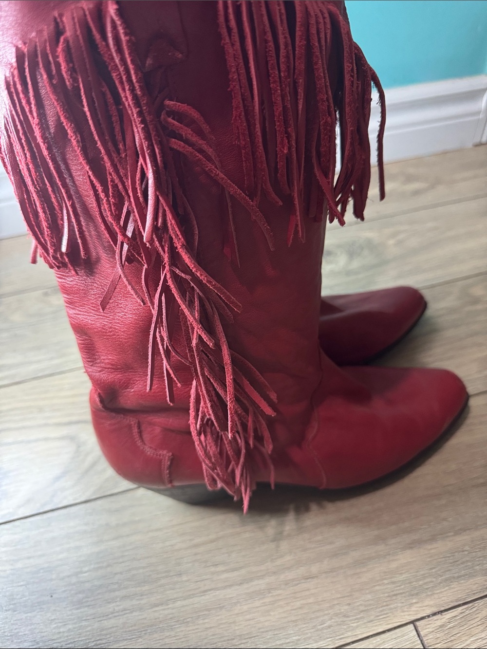 Western Red Fringe Leather Women's Boots - Picture 5 of 11